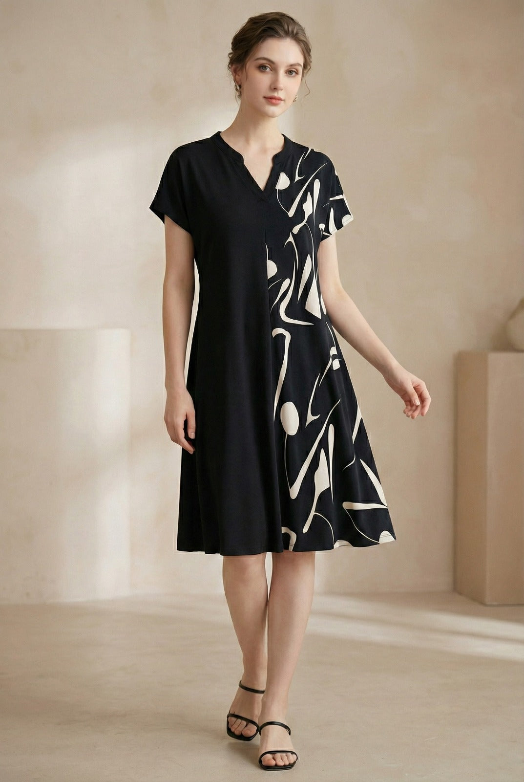 Elegant Black Abstract Print A-Line Dress for Women | Short Sleeve V-Neck Knee-Length Casual & Office Wear Dress