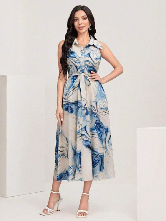 Women’s Blue Abstract Print Sleeveless Midi Dress | Button-Down Collar Dress with Waist Tie | Casual & Party Wear Long Dress
