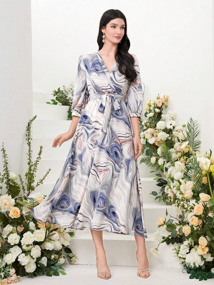 Women’s Abstract Marble Print Wrap Midi Dress | V-Neck 3/4 Sleeve Tie-Waist Flared Dress for Casual, Office & Party Wear