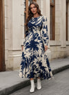 Women’s Navy Blue Abstract Print Long Sleeve Midi Dress | Elegant Round Neck Flared Dress for Office, Party & Casual Wear