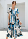 Women’s Blue Abstract Print Tiered Midi Dress | V-Neck Button Front Short Sleeve Casual Summer Dress