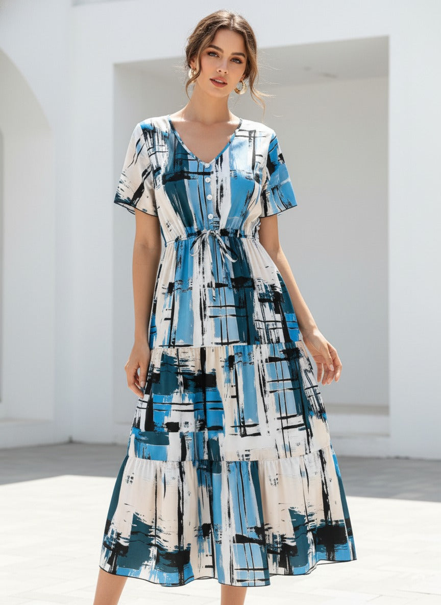 Women’s Blue Abstract Print Tiered Midi Dress | V-Neck Button Front Short Sleeve Casual Summer Dress