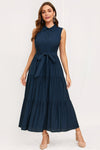 Women’s Navy Blue Sleeveless Maxi Dress | Button Front Collared Neck Tie-Waist Tiered Casual & Office Wear Dress