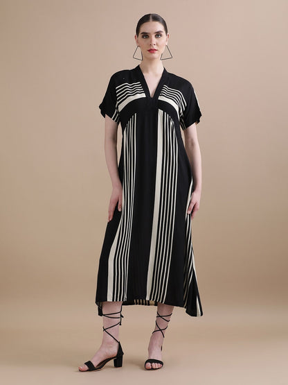 Women’s Black & White Striped Midi Dress | V-Neck Short Sleeve Straight Fit Casual & Office Wear Dress