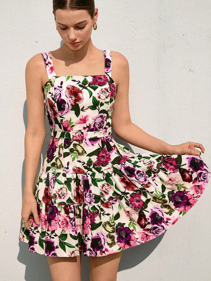 Women’s Floral Print Sleeveless Mini Dress | Square Neck Fit & Flare Summer Dress with Waist Belt
