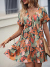 Women’s Tropical Leaf Print Mini Dress | V-Neck Short Sleeve Fit & Flare Casual Summer Dress