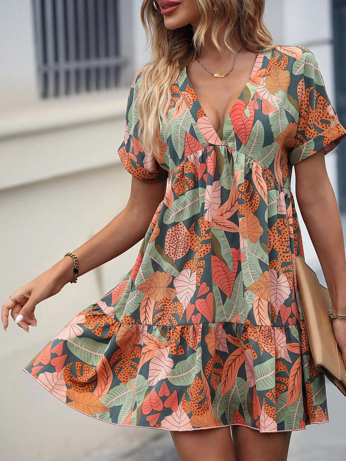 Women’s Tropical Leaf Print Mini Dress | V-Neck Short Sleeve Fit & Flare Casual Summer Dress