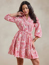 Women’s Pink Paisley Print Mini Dress | V-Neck 3/4 Sleeve Tie-Waist Fit & Flare Casual Dress