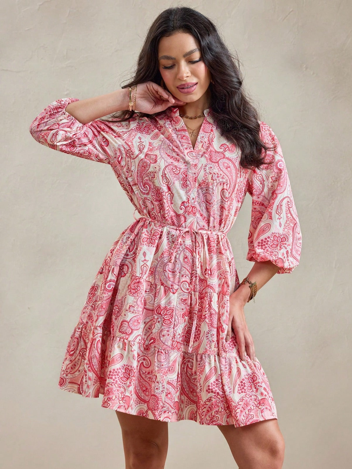 Women’s Pink Paisley Print Mini Dress | V-Neck 3/4 Sleeve Tie-Waist Fit & Flare Casual Dress