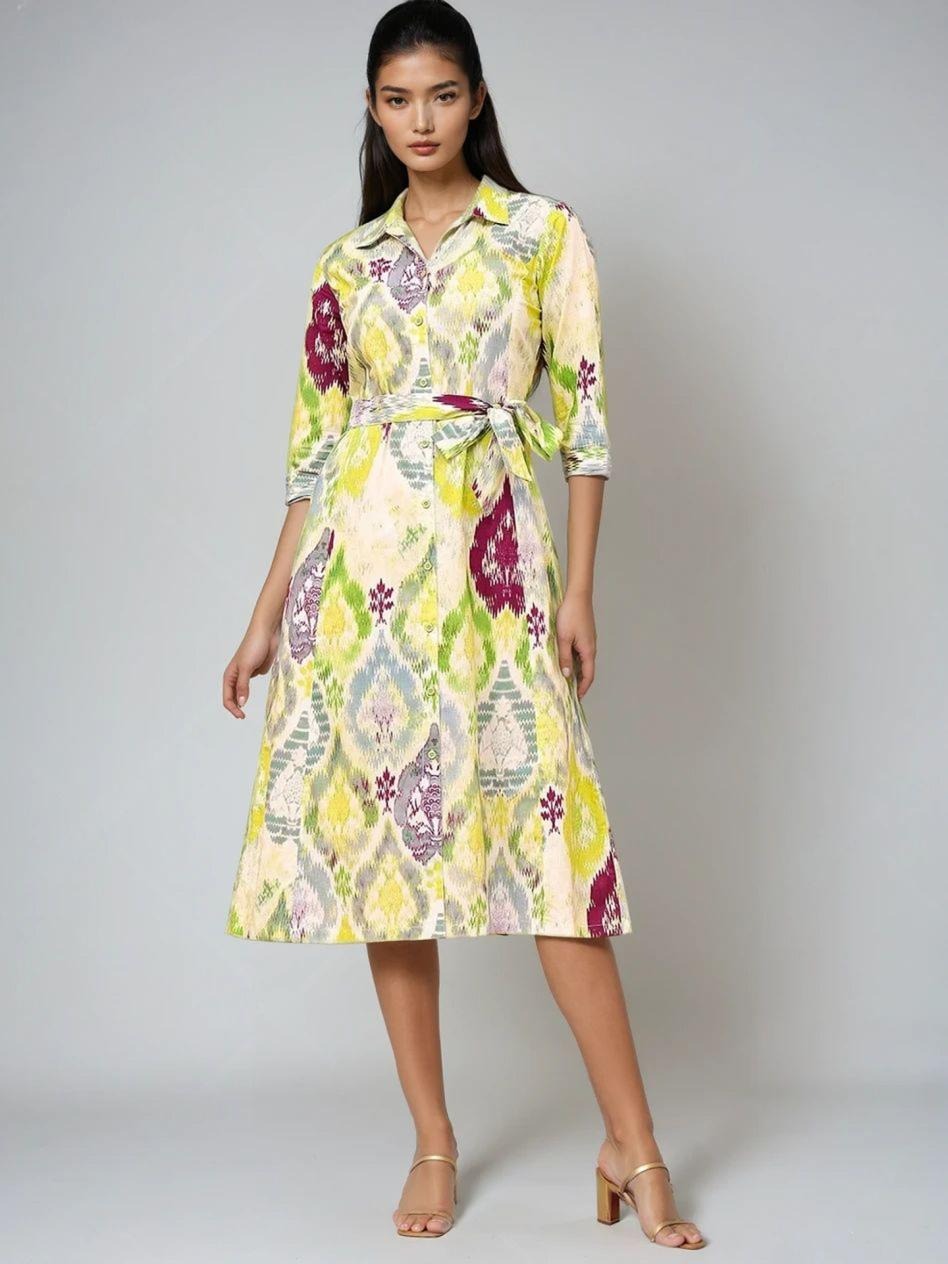 Women’s Multicolor Printed Shirt Midi Dress | Button Down 3/4 Sleeve Tie-Waist Casual & Office Wear Dress