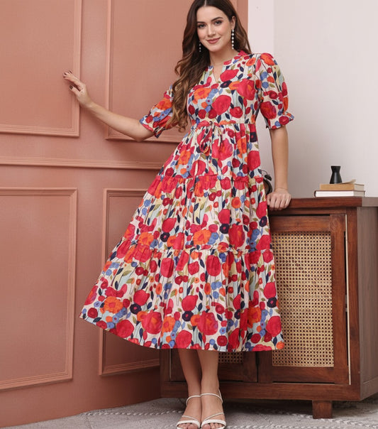 Women’s Multicolor Floral Print Tiered Midi Dress | Puff Sleeve Fit & Flare Casual & Party Wear Dress