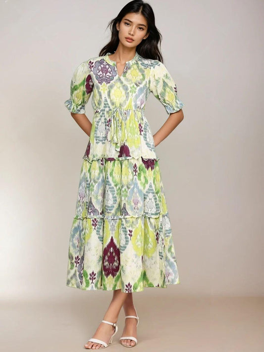 Women’s Printed Tiered Midi Dress | V-Neck Short Sleeve Tie-Waist Casual & Office Wear Dress