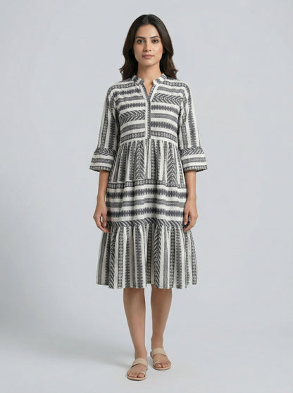 Women’s Black & White Printed Tiered Midi Dress | Mandarin Collar 3/4 Sleeve Casual & Office Wear Dress