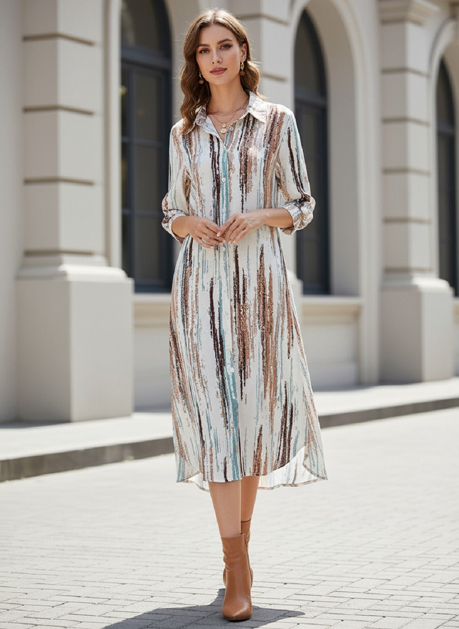 Women’s Abstract Stripe Print Shirt Midi Dress | Button Down 3/4 Sleeve Casual & Office Wear Long Dress