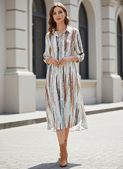 Women’s Abstract Stripe Print Shirt Midi Dress | Button Down 3/4 Sleeve Casual & Office Wear Long Dress