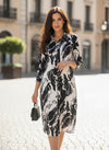 Women’s Black & White Abstract Print Shirt Midi Dress | Button Down 3/4 Sleeve Casual & Office Wear Dress