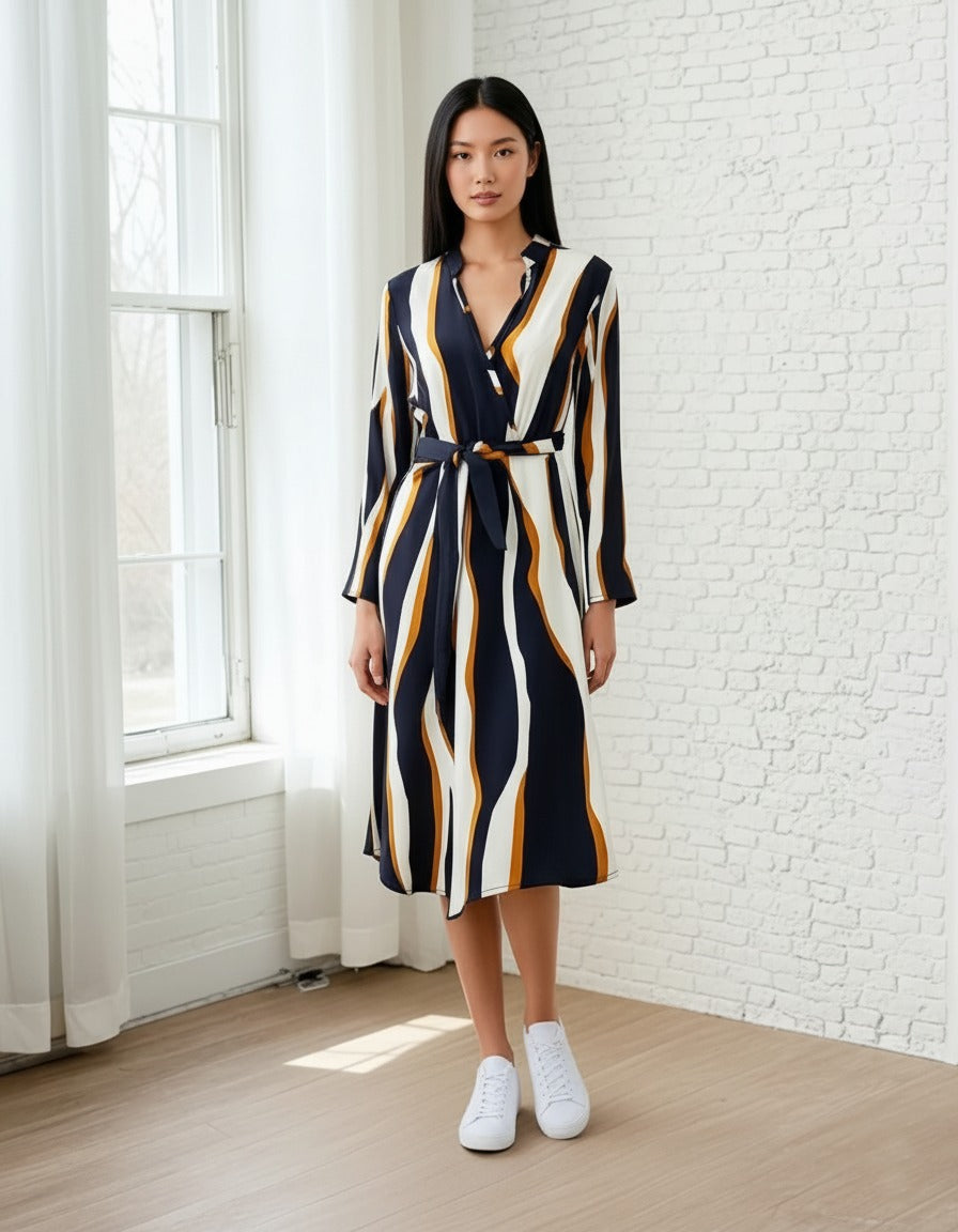 Women’s Vertical Stripe Wrap Midi Dress | V-Neck Long Sleeve Tie-Waist Casual & Office Wear Dress