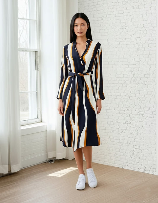Women’s Vertical Stripe Wrap Midi Dress | V-Neck Long Sleeve Tie-Waist Casual & Office Wear Dress