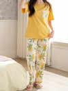 Bollyclues Women’s Yellow Floral Printed Nightwear Pajama Set | Soft Cotton T-Shirt with Printed Lounge Pants