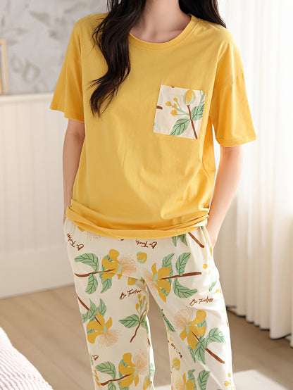 Bollyclues Women’s Yellow Floral Printed Nightwear Pajama Set | Soft Cotton T-Shirt with Printed Lounge Pants